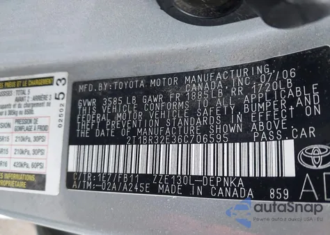 2006 Toyota Corolla Le z USA, uszkodzony, nr VIN 2T1BR32E36C706595